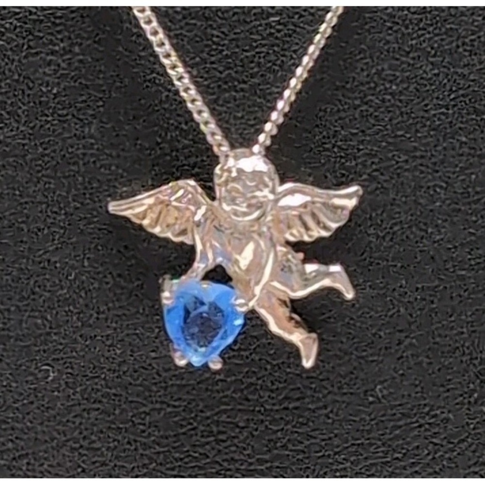Vtg Avon Sterling Silver Cherub Angel Pendant Necklace Blue Heart CZ 18" NEW